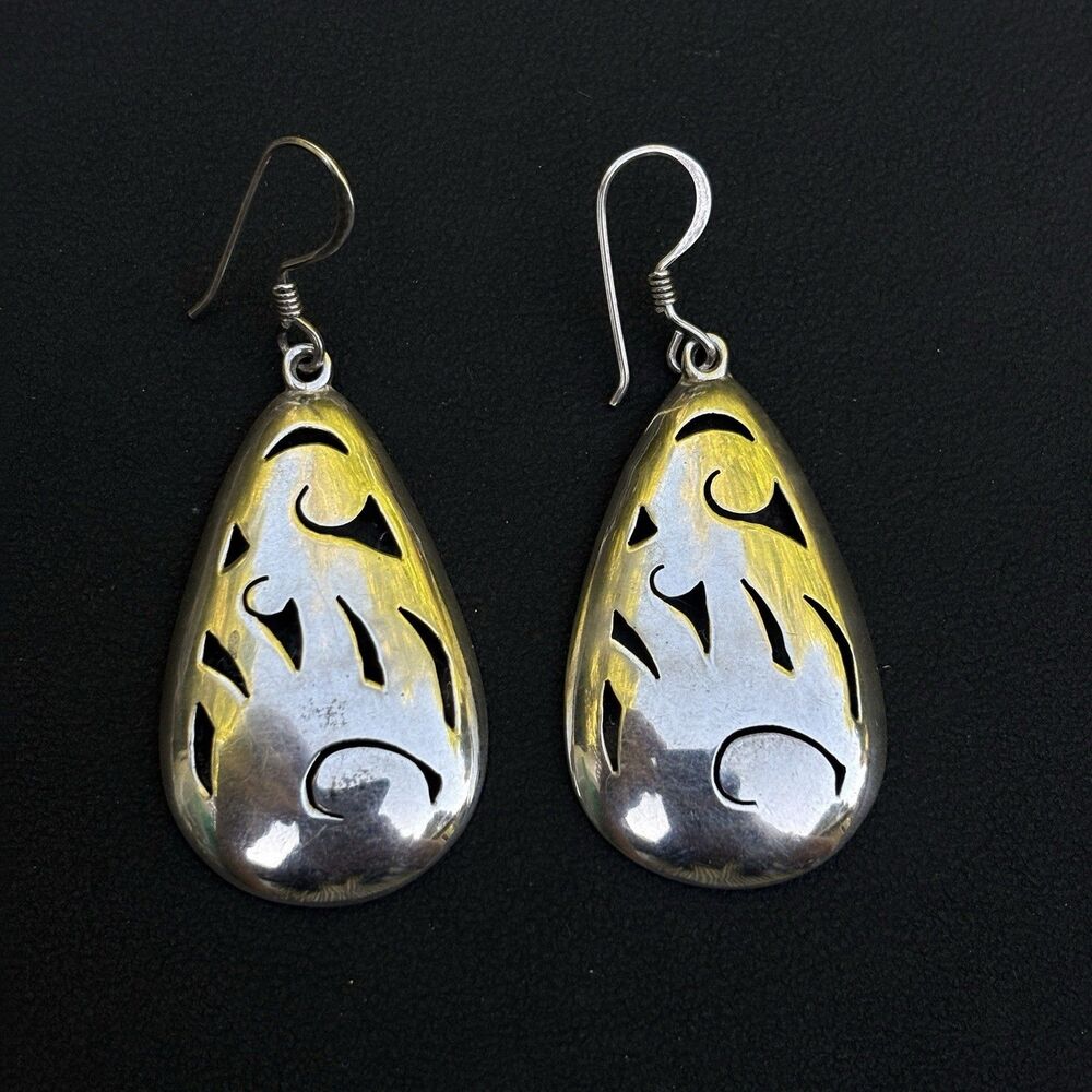 VINTAGE Mexico 925 Sterling Silver Tear Drop Hollow Cutout Dangle Earrings